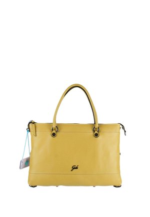 Borsa a mano in pelle gialla con due manici, anelli metallici, chiusura con cerniera e piccolo logo del marchio sul davanti.