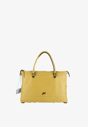 Borsa a mano in pelle gialla con due manici, anelli metallici, chiusura con cerniera e piccolo logo del marchio sul davanti.