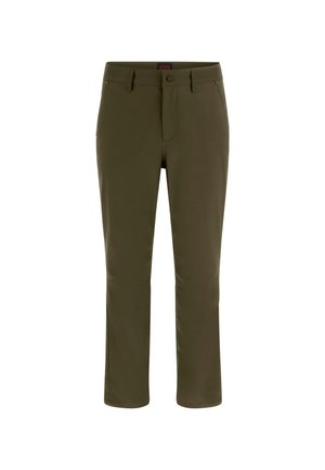 Pantalones verde oliva de corte recto, hechos de una tela ligera. Cuentan con una cremallera frontal, cierre de botón y bolsillos laterales.