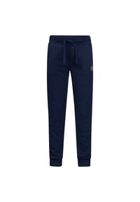 Marineblauwe sweatpants van zacht materiaal, voorzien van een elastische tailleband met een trekkoord en taps toelopende boorden bij de enkels.