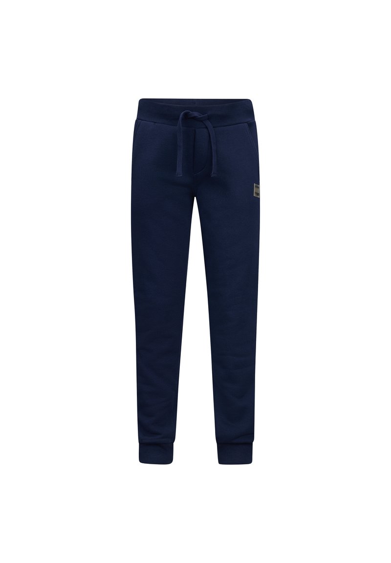 Marineblauwe sweatpants van zacht materiaal, voorzien van een elastische tailleband met een trekkoord en taps toelopende boorden bij de enkels.