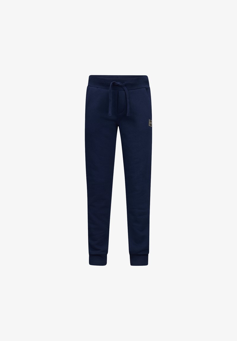 Marineblauwe sweatpants van zacht materiaal, voorzien van een elastische tailleband met een trekkoord en taps toelopende boorden bij de enkels.