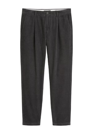 Pantaloni din corduroy gri închis cu o suprafață texturată și ribbată, având un închidere cu buton și două buzunare frontale. Design cu picior drept.