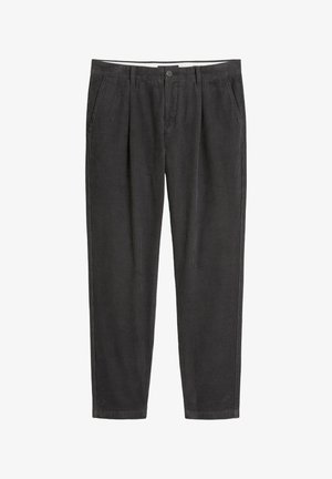Pantalons en velours côtelé gris foncé avec une surface ribbed texturée, dotés d'une fermeture à bouton et de deux poches avant. Conception à jambe droite.