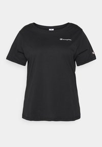 Czarna bawełniana koszulka z krótkim rękawem i okrągłym dekoltem, ozdobiona białym haftowanym logo na lewej piersi oraz małym logo na rękawie.