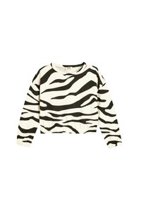 Sweatshirt court à rayures zèbres noir et blanc avec des manches longues, des poignets élastiqués et un ourlet resserré, fabriqué en tissu doux.