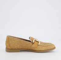 Light brown women's loafers with woven texture, suede accents, and a decorative gold buckle. Low-profile rubber sole and rounded toe design.