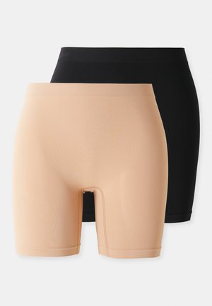 Two pairs of fitted shorts: one in light beige with a smooth texture, and one in solid black, both with stretchy waistbands.