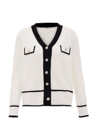 Cardigan bianco lavorato a maglia con accenti neri, scollo a V, due tasche sul petto e bottoni decorativi. Motivo testurizzato su tutta la superficie.