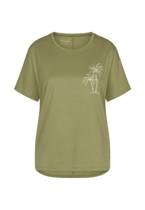 Oliwkowozielona koszulka z krótkim rękawem z małym białym nadrukiem palm i kursywnym tekstem na lewej piersi.