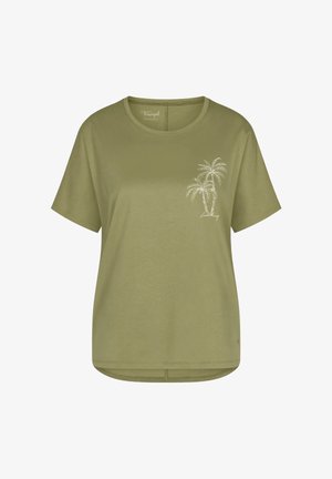 Oliwkowozielona koszulka z krótkim rękawem z małym białym nadrukiem palm i kursywnym tekstem na lewej piersi.