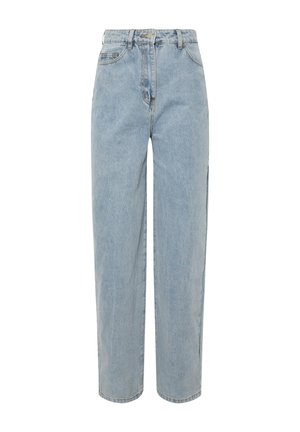 Lichtblauwe straight-leg jeans van denim. Heeft een hoge taille, riemlussen, voorzakken en een schone, klassieke uitstraling.