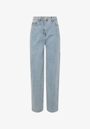 Helle blaue gerade Jeans aus Denim. Mit hoher Taille, Gürtelschlaufen, Fronttaschen und einem sauberen, klassischen Design.