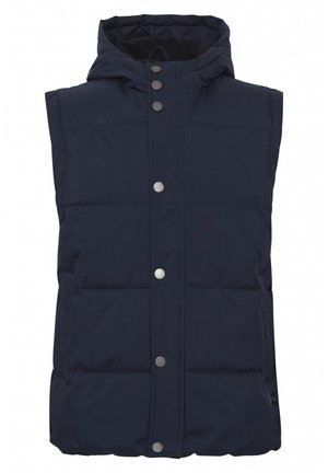 Navy blue puffer vest with a hood, snap button front closure, boxy shape, and quilted design. Soft texture with side pockets.
