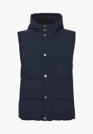 Navy blue puffer vest with a hood, snap button front closure, boxy shape, and quilted design. Soft texture with side pockets.