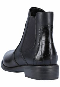 Schwarze Lederstiefelette mit strukturiertem Obermaterial und glattem, krokodilgeprägtem Absatz. Verfügt über elastische Seitenpaneele und einen niedrigen, stabilen Absatz.
