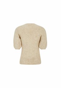 Beige gebreide trui met korte pofmouwen, geribbelde zoom en een textuurpatroon. De achterkant heeft een eenvoudige ronde halslijn en zachte stof.