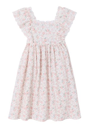 Weißes Kleid mit pinkem Blumenmuster, Ärmel mit Lochspitze und Rüschen, tailliert und mit eckigem Ausschnitt.