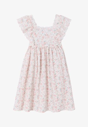 Weißes Kleid mit pinkem Blumenmuster, Ärmel mit Lochspitze und Rüschen, tailliert und mit eckigem Ausschnitt.