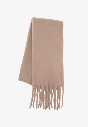 Beige wool scarf with a soft texture, featuring fringe detailing at the ends. Rectangular shape, fold visible along the length.