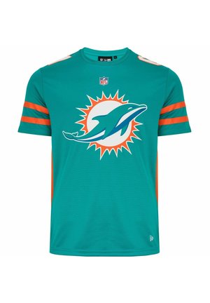 T-shirt teal della NFL con il logo dei Miami Dolphins e accenti arancioni e strisce sulle maniche. Realizzato in materiale leggero e traspirante.