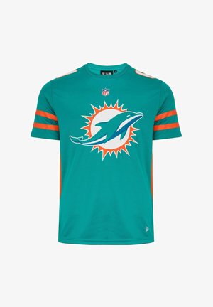 T-shirt teal della NFL con il logo dei Miami Dolphins e accenti arancioni e strisce sulle maniche. Realizzato in materiale leggero e traspirante.