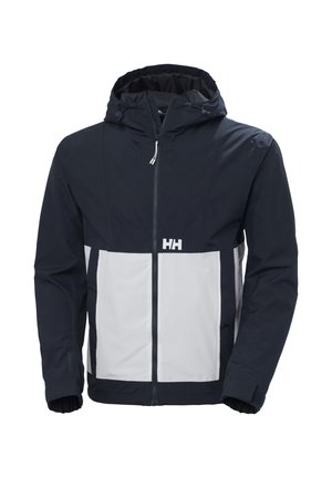 Námořnická a bílá nepromokavá bunda s nastavitelnou kapucí, elastickými manžetami a předním zipem. Má kontrastní design bloků barev.