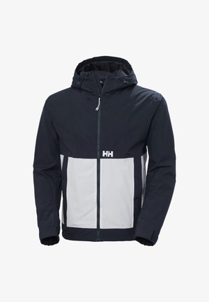 Námořnická a bílá nepromokavá bunda s nastavitelnou kapucí, elastickými manžetami a předním zipem. Má kontrastní design bloků barev.