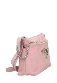 Borsa a tracolla in suede rosa con fascia in catena argentata, chiusura con zip e hardware decorativo a teschio di toro sul frontale. Texture liscia e design compatto.