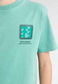 Licht turquoise T-shirt van zacht katoen. Heeft een vierkante afbeelding met gestileerde bomen en de tekst "PETROLIND TIMBER-CREW MILWAUKEE" eronder.