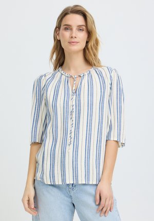 Femeie purtând o bluză albă cu dungi albastre verticale și mâneci trei sferturi, asortată cu blugi din denim albastru deschis, stând în picioare pe un fundal simplu.