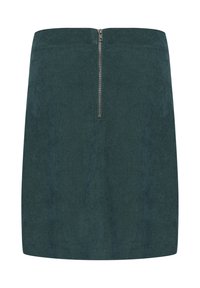 Jupe mini en denim vert avec une texture lisse, dotée d'une fermeture éclair en métal placée au centre à l'arrière et d'une forme simple et droite.