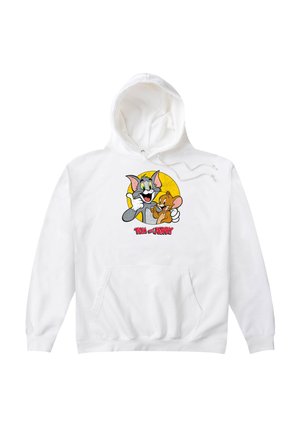 Biała bluza z kapturem z grafiką Tomka i Jerry'ego umieszczoną na żółtym kole, z kieszenią z przodu i sznurkiem do regulacji.