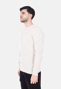 Maglione a coste di un beige chiaro con maniche lunghe e scollo rotondo, caratterizzato da una superficie testurizzata e un leggero elastico.