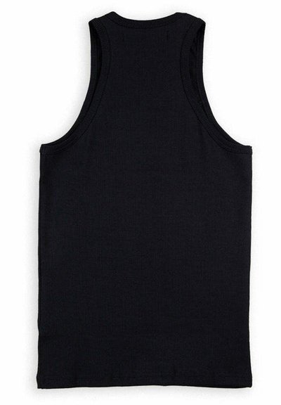Débardeur noir en coton avec une texture lisse. Il présente un col rond et un design sans manches, adapté pour un port décontracté.