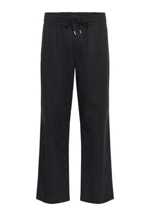 Black trousers made of lightweight fabric, featuring a wide-leg design, elastic waistband with drawstring, and no visible pockets.