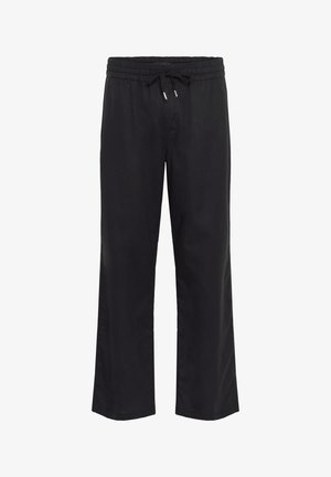 Black trousers made of lightweight fabric, featuring a wide-leg design, elastic waistband with drawstring, and no visible pockets.