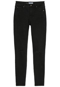 Vaqueros skinnies negros de mezclilla con detalles desgastados en las rodillas, diseño de cinco bolsillos y cierre de botón.
