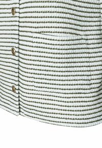 Strukturiertes weißes und olivgrünes gestreiftes Strickgewebe, mit goldfarbigen Knöpfen und einer seitlichen Tasche, abgerundetem Saum und lockerer Passform.