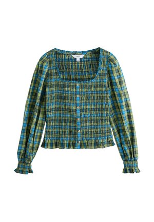 Langærmet bluse med grønt og blåt ternet mønster, firkantet halsudskæring, knapper foran, rynkede detaljer samt flæsekant ved manchet og skørt.