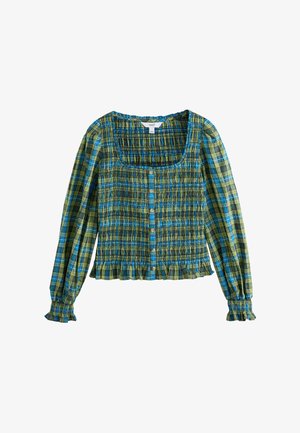 Langærmet bluse med grønt og blåt ternet mønster, firkantet halsudskæring, knapper foran, rynkede detaljer samt flæsekant ved manchet og skørt.