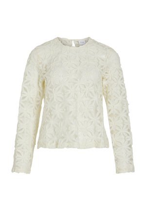 Balts garās piedurknes tops, kas izgatavots no teksturēta auduma ar ziedu izšuvumiem. Iespējo apaļa kakla izgriezumu un atslēgas cauruma aizmugures aizdari.