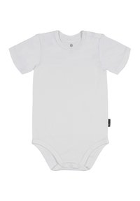 Hvid kortærmet bodysuit lavet af blødt bomuld. Har trykknaplukninger ved skulderen og bunden, glat tekstur og rund halsudskæring.