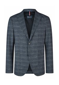 Donkerblauwe blazer met een ruitpatroon, enkele knoopsluiting, twee voorzakken en een contrasterende donkere binnenkant met een logo.