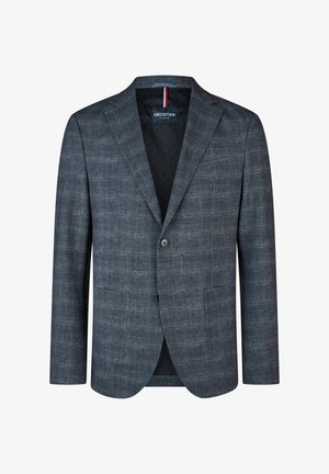 Donkerblauwe blazer met een ruitpatroon, enkele knoopsluiting, twee voorzakken en een contrasterende donkere binnenkant met een logo.