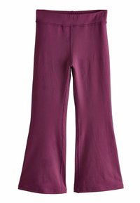 Leggings évasés en violet profond, fabriqués en tissu lisse et extensible. Dotés d'une large ceinture et de coutures soignées le long des joints.