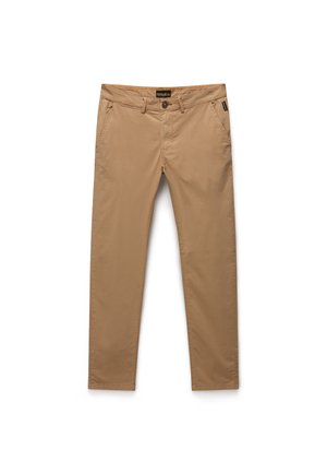 Tan chinos with a slim fit, crafted from cotton fabric. Features two front pockets, a back pocket, and a button closure.
