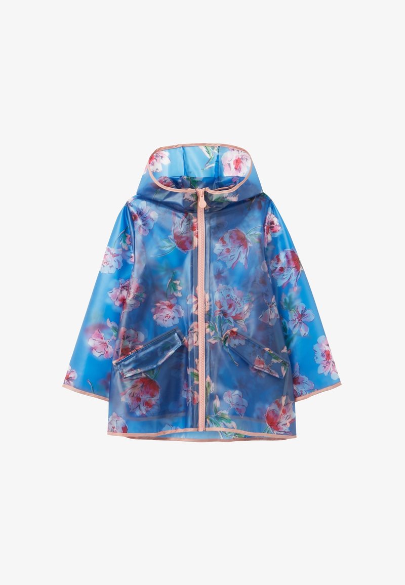 Blauwe transparante regenjas met bloemenpatroon, voorzien van een capuchon, voorrits en twee zijzakken. Afgewerkt met lichtroze.