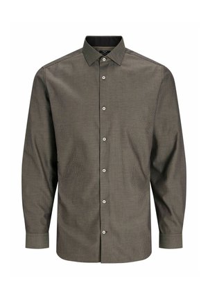 Donkerbruine overhem shirt met een subtiel geruit patroon, lange mouwen en een standaard kraag. Heeft een gladde textuur en plastic knopen.