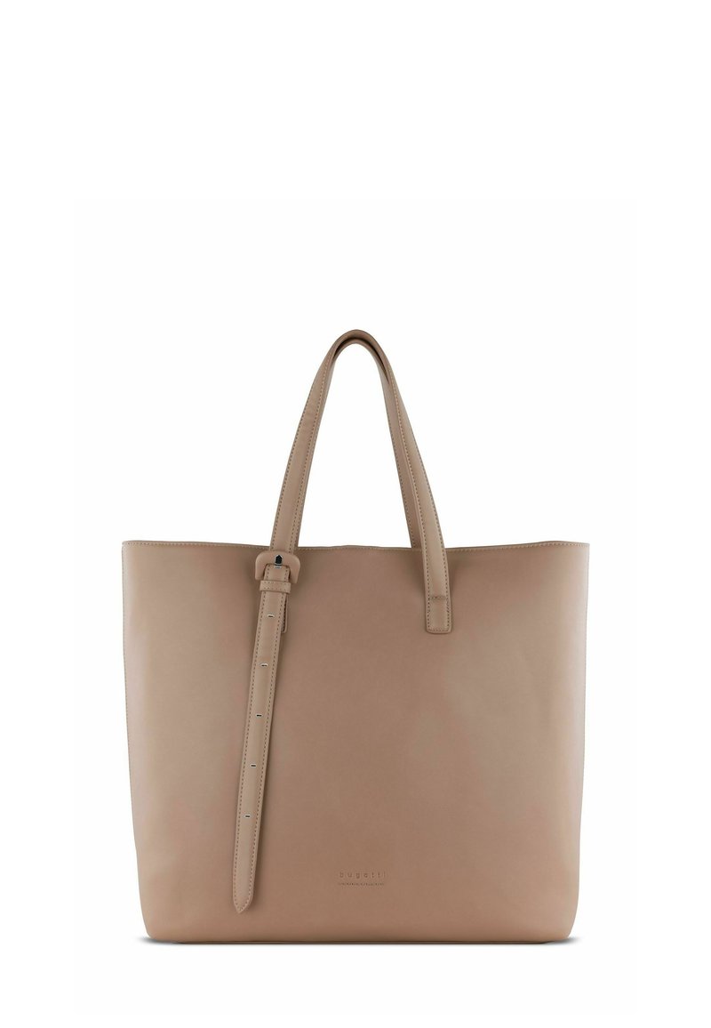 Borsa a tracolla in pelle beige con manici lunghi e forma piatta. Presenta un dettaglio con fibbia sulla tracolla e un logo impresso sul fronte.